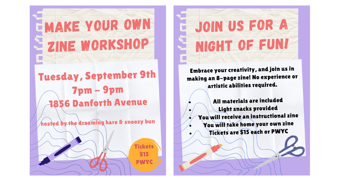 Zine workshop event poster with date and details.