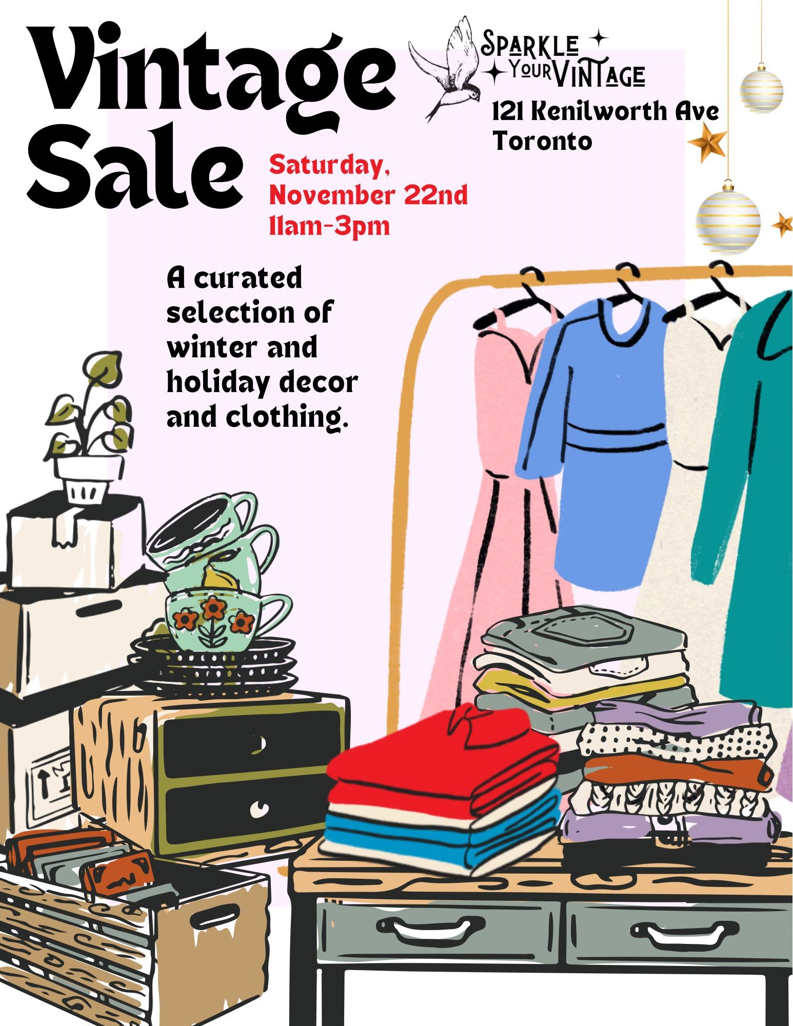Vintage sale with clothing and holiday decor in Toronto