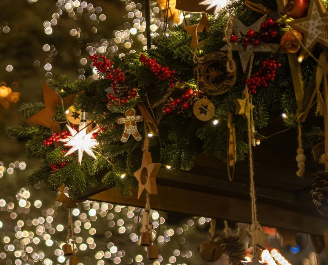 Festive Christmas wreath with lights and ornaments