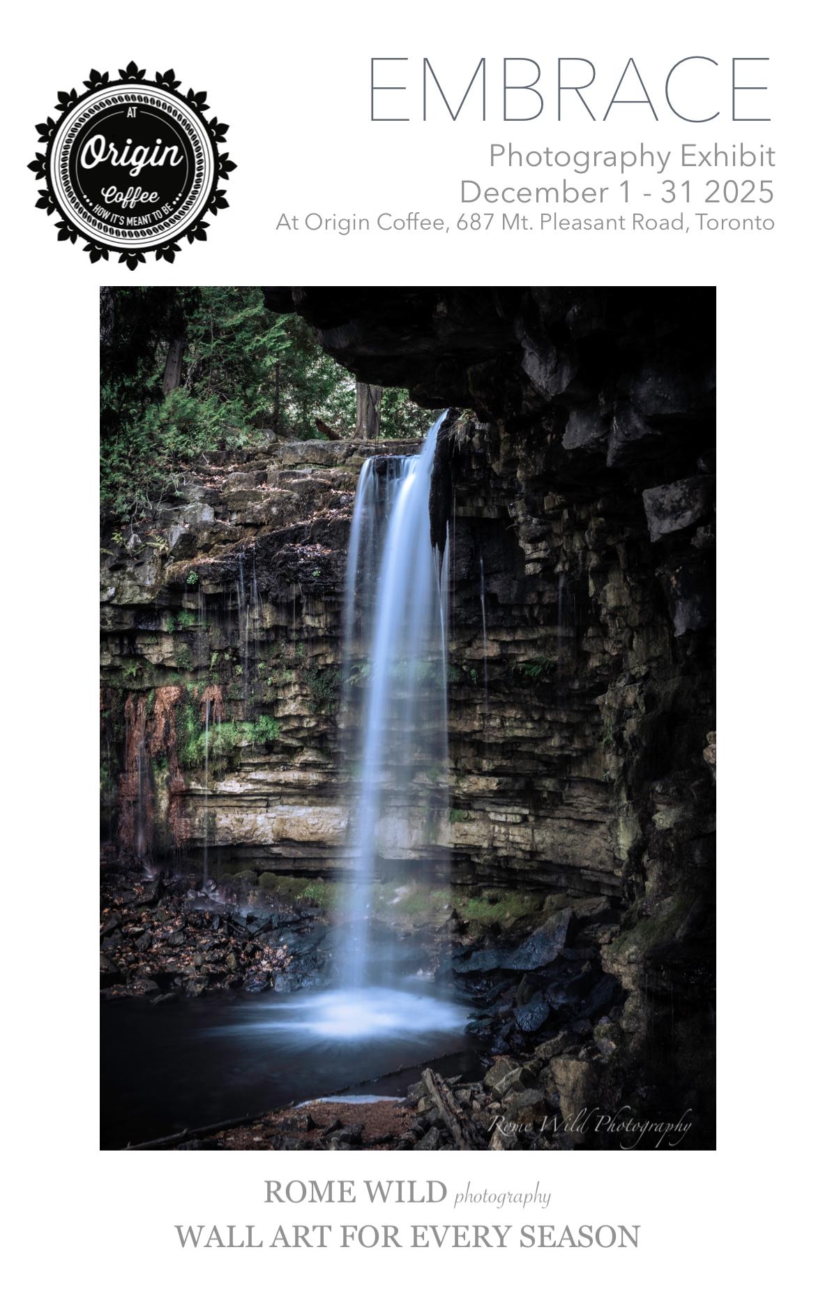 Waterfall photography exhibit poster at Origin Coffee